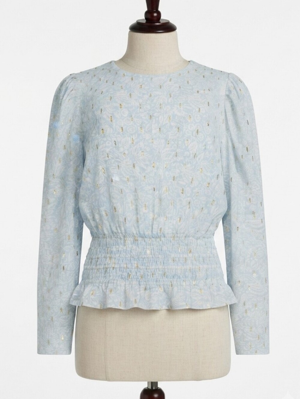 💫 Express Light Blue Long Sleeve Smocked Waist Top with Gold Accents Size Large